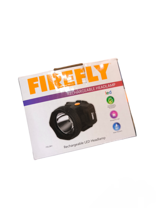Firefly rechargeable head lamp with charger box packaging showing black LED headlamp