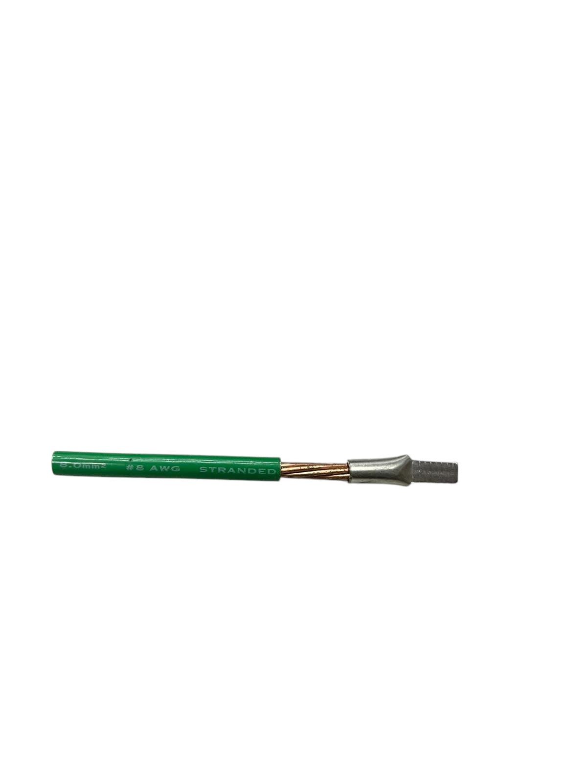 Flat Head Terminal 3.5mm to 4mm attached to green insulated electrical wire strand
