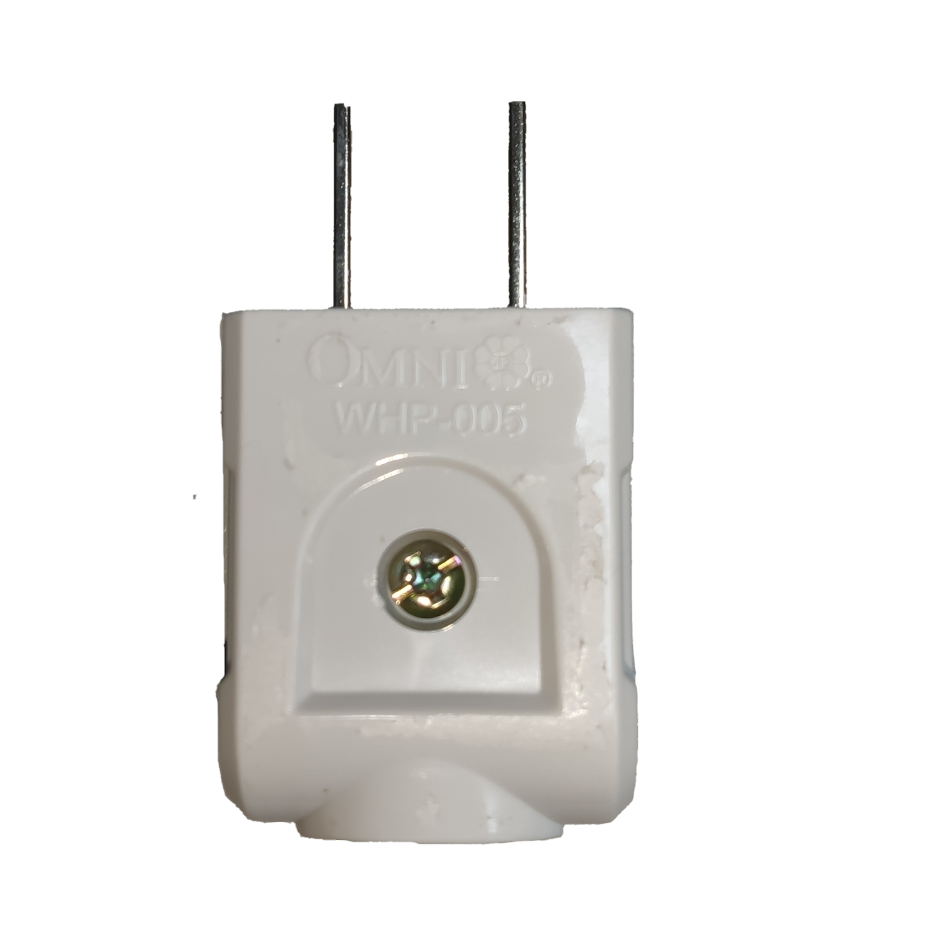 Omni 15A 250V flat pin electrical plug with durable white housing and secure grounding design.