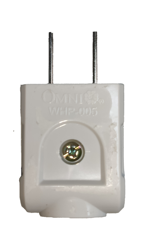 Omni 15A 250V flat pin electrical plug with durable white housing and secure grounding design.