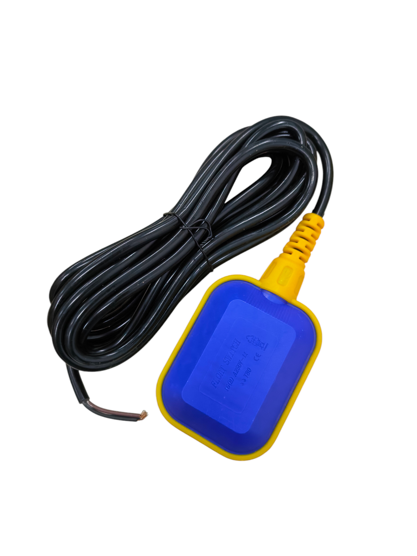 Float Switch 5 Meters 10A with blue and yellow float sensor and long black cable for water level control