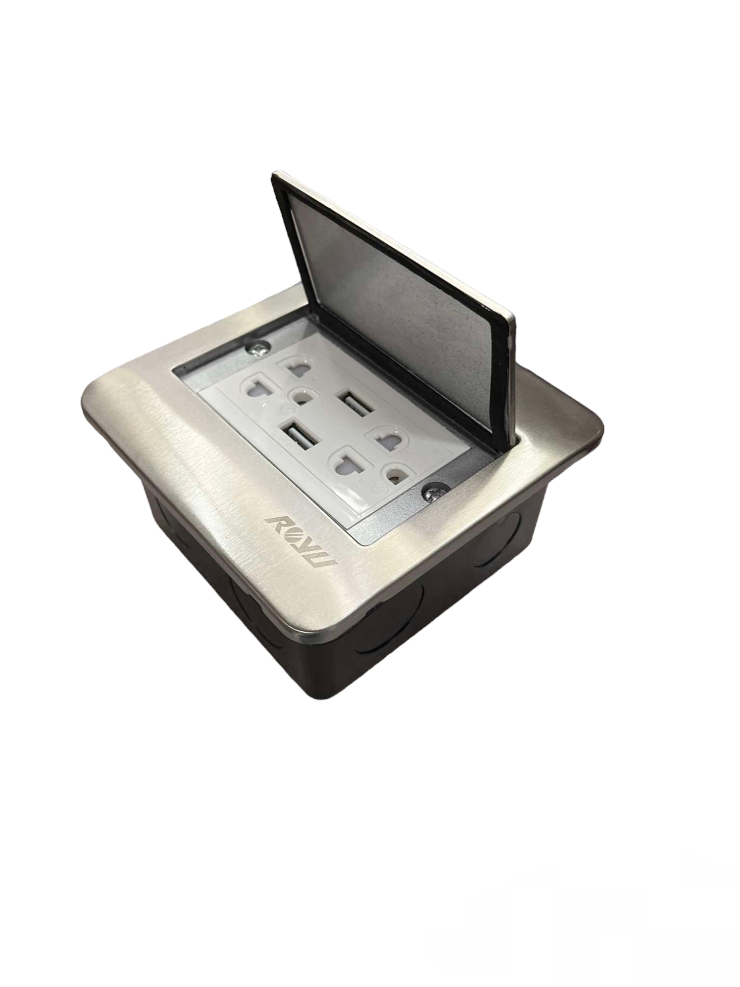 Royu Floor Outlet Duplex Universal with Ground featuring stainless steel cover and dual USB ports