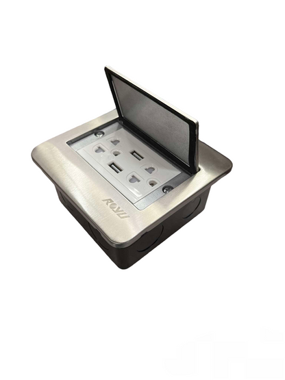 Royu Floor Outlet Duplex Universal with Ground featuring stainless steel cover and dual USB ports