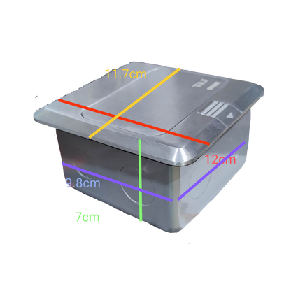 T&J Floor Outlet Pop-up 1 Gang CAT6 Outlet in stainless steel with compact design and measurement details