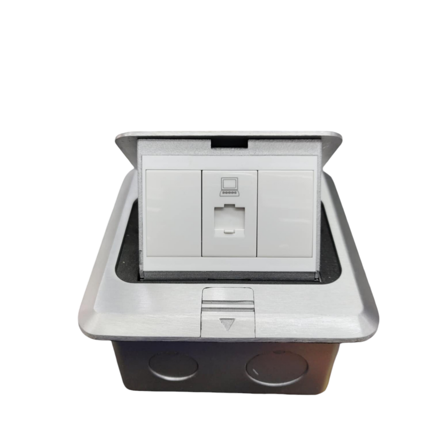T&J Floor Outlet Pop-up 1 Gang CAT6 Outlet with stainless steel frame and white socket panel
