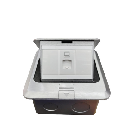 T&J Floor Outlet Pop-up 1 Gang CAT6 Outlet with stainless steel frame and white socket panel