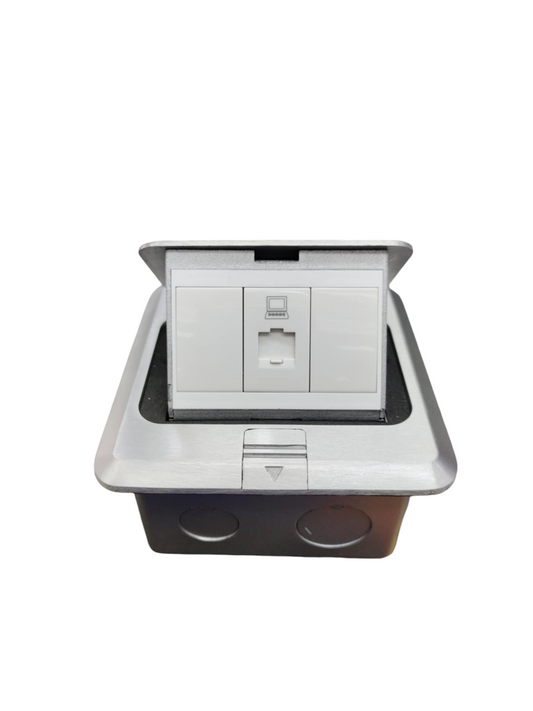 T&J Floor Outlet Pop-up 1 Gang CAT6 Outlet with stainless steel frame and white socket panel