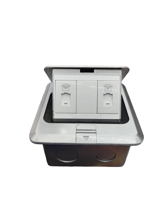 T&J Floor Outlet Pop-up 2 Gang TEL Outlet with stainless steel cover and dual telephone ports
