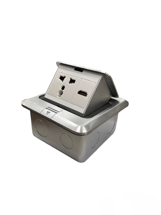 T&J Floor Outlet Universal with Ground and HDMI in silver metal casing for power and data connections