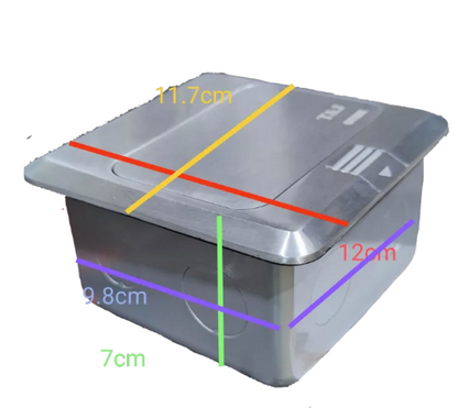 T&J Floor Outlet Universal with Ground and HDMI metal floor box with dimensions shown