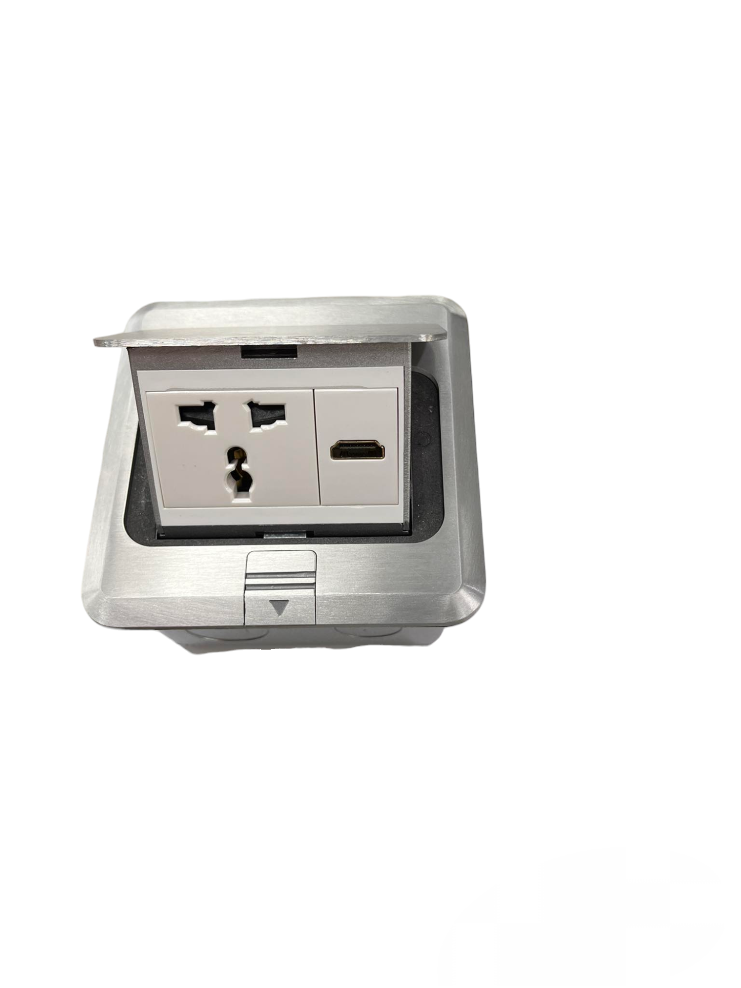 T&J Floor Outlet Universal with Ground and HDMI in a stainless steel floor mount box