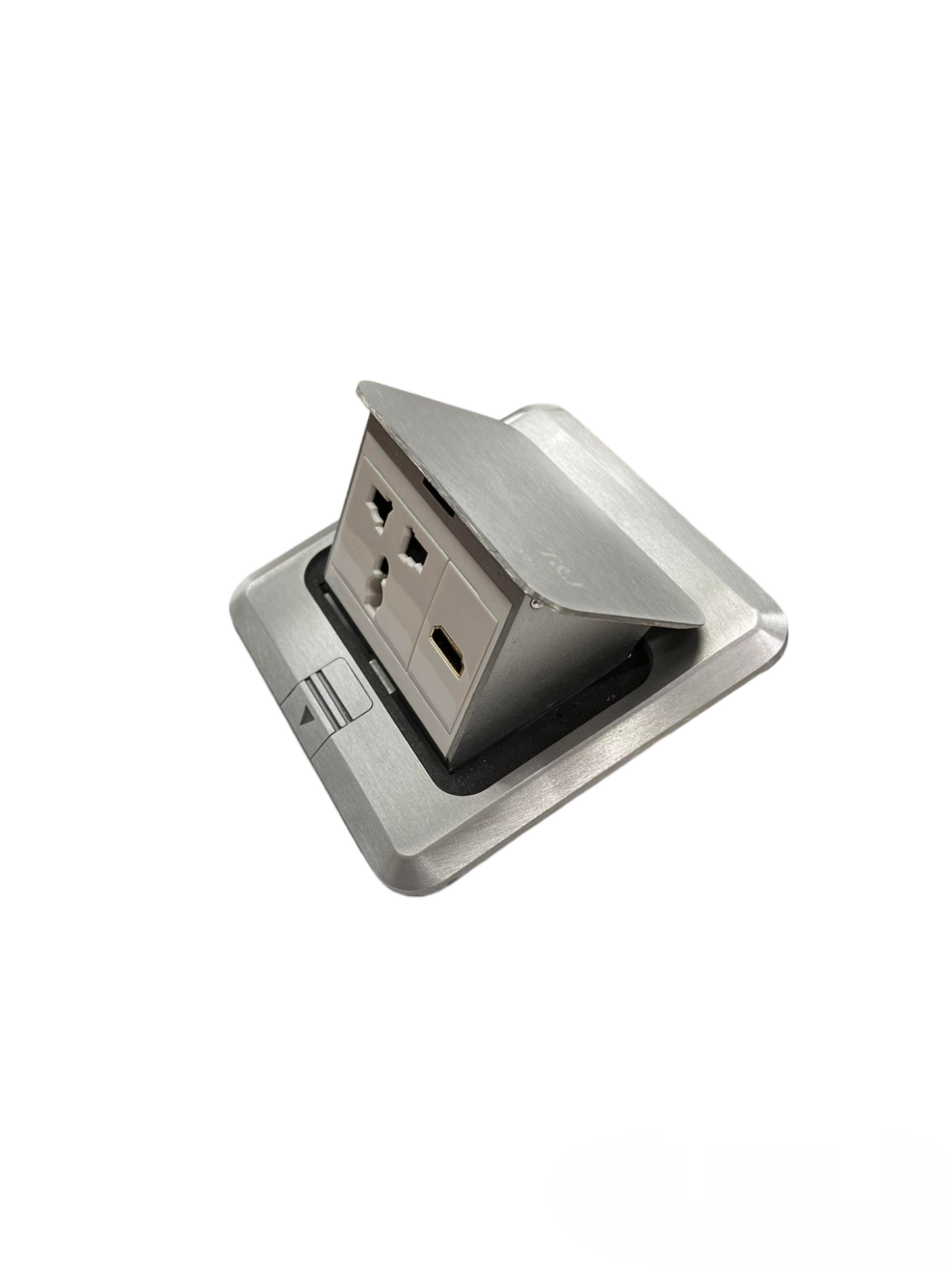 T&J Floor Outlet Universal with Ground and HDMI in silver metal finish with flip cover