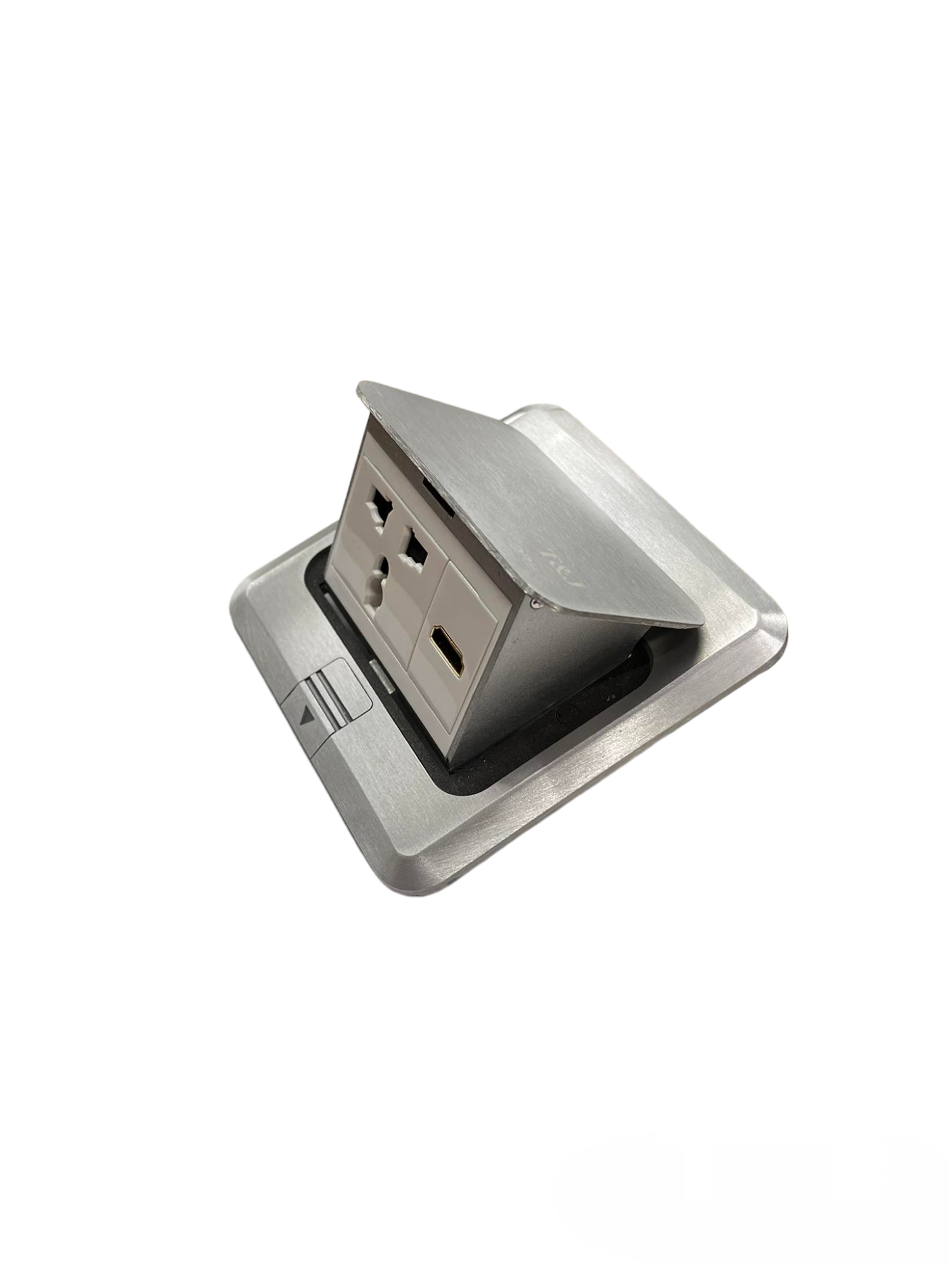T&J Floor Outlet Universal with Ground and HDMI in silver metal finish with flip cover