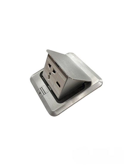 T&J Floor Outlet Universal with Ground and HDMI in silver metal finish with flip cover