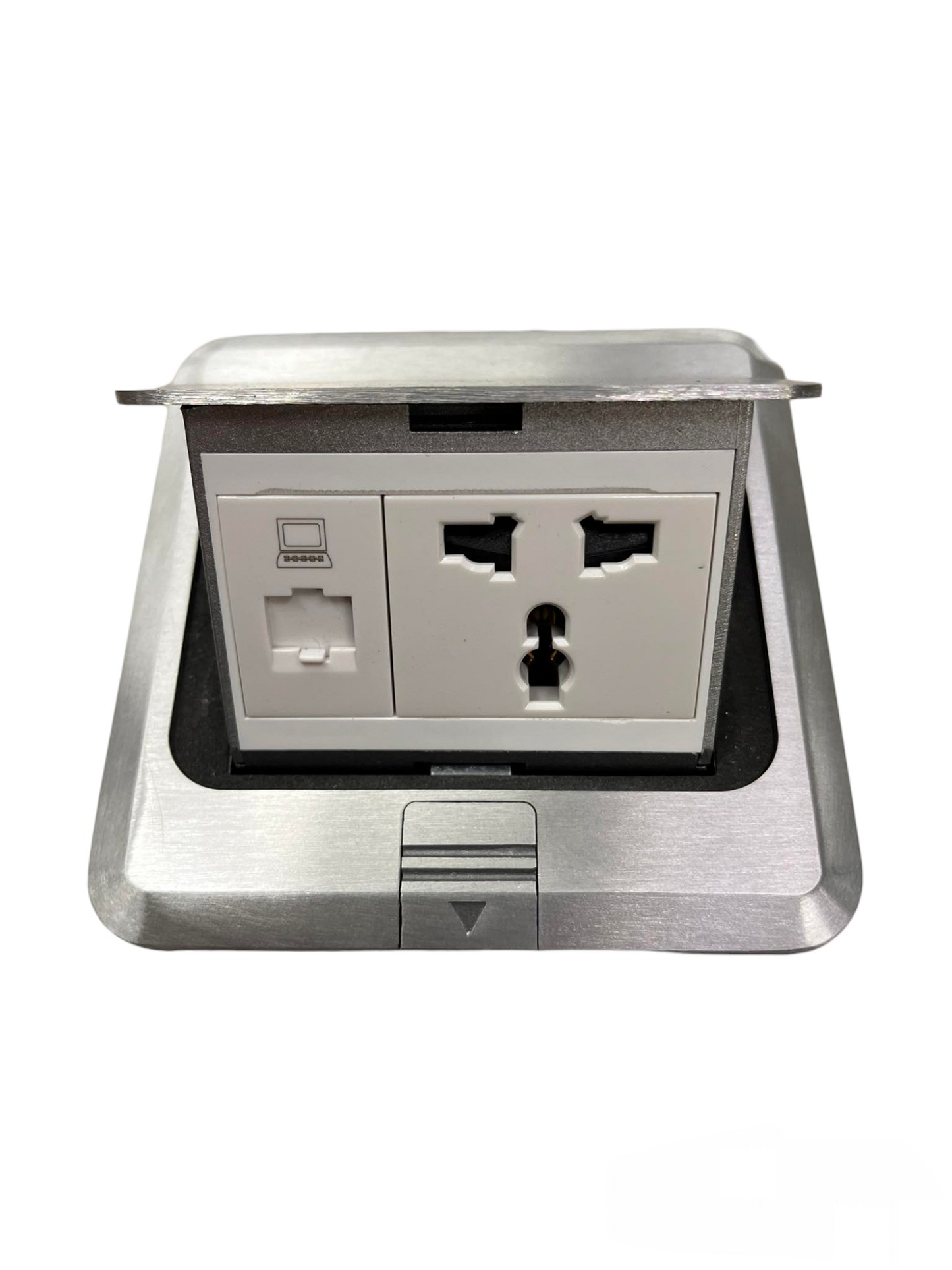 T&J Floor Universal Outlet with LAN Outlet in stainless steel frame for convenient power and network access