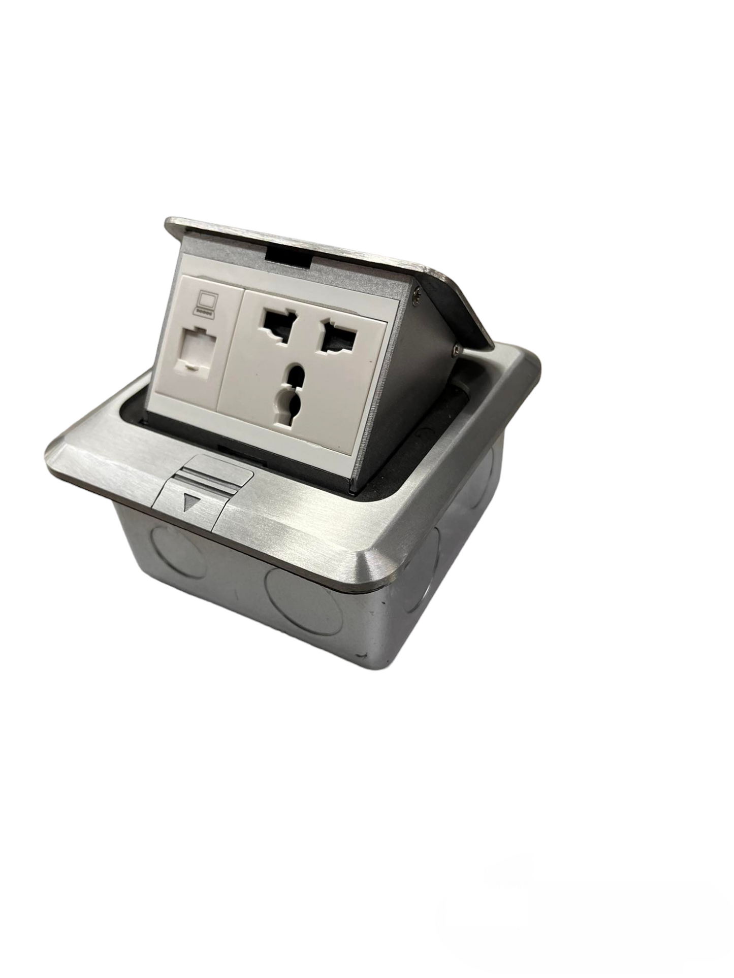 T&J Floor Universal Outlet with LAN Outlet in silver metal casing for easy floor installation