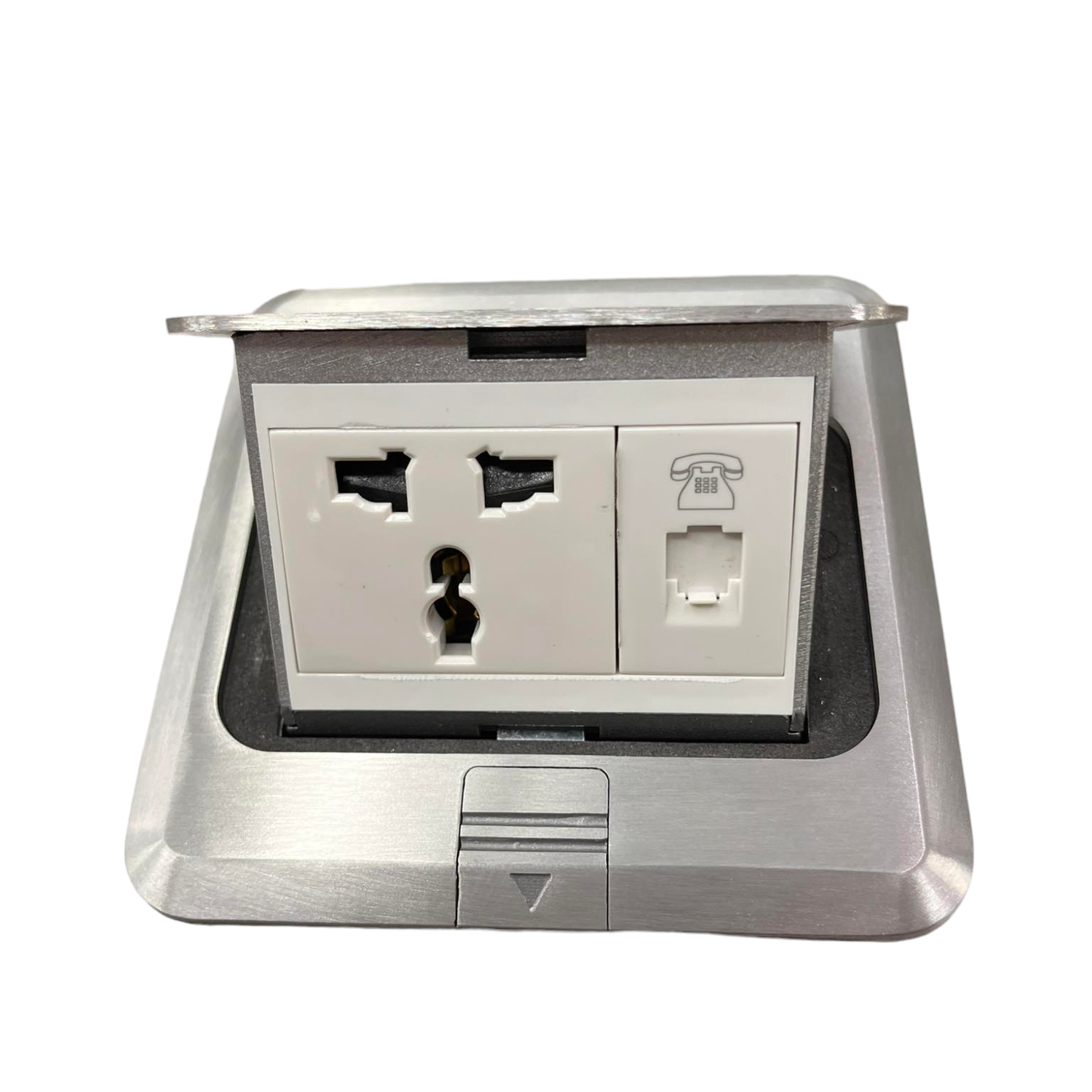T&J Floor Universal Outlet with Telephone featuring universal power socket and telephone jack in stainless steel casing