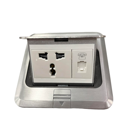 T&J Floor Universal Outlet with Telephone featuring universal power socket and telephone jack in stainless steel casing
