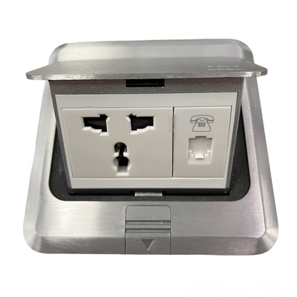 T&J Floor Universal Outlet with Telephone socket in stainless steel housing for power and phone connections