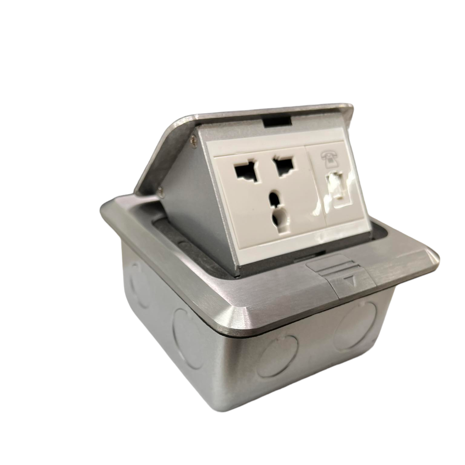 T&J Floor Universal Outlet with Telephone in stainless steel casing for power and phone connections