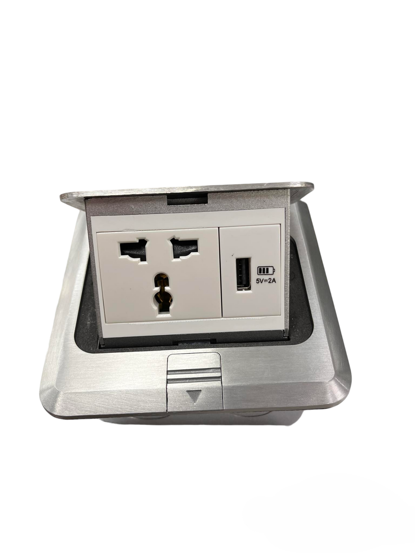 T&J Floor Universal Outlet with USB featuring a universal power socket and USB charging port in a stainless steel floor mount