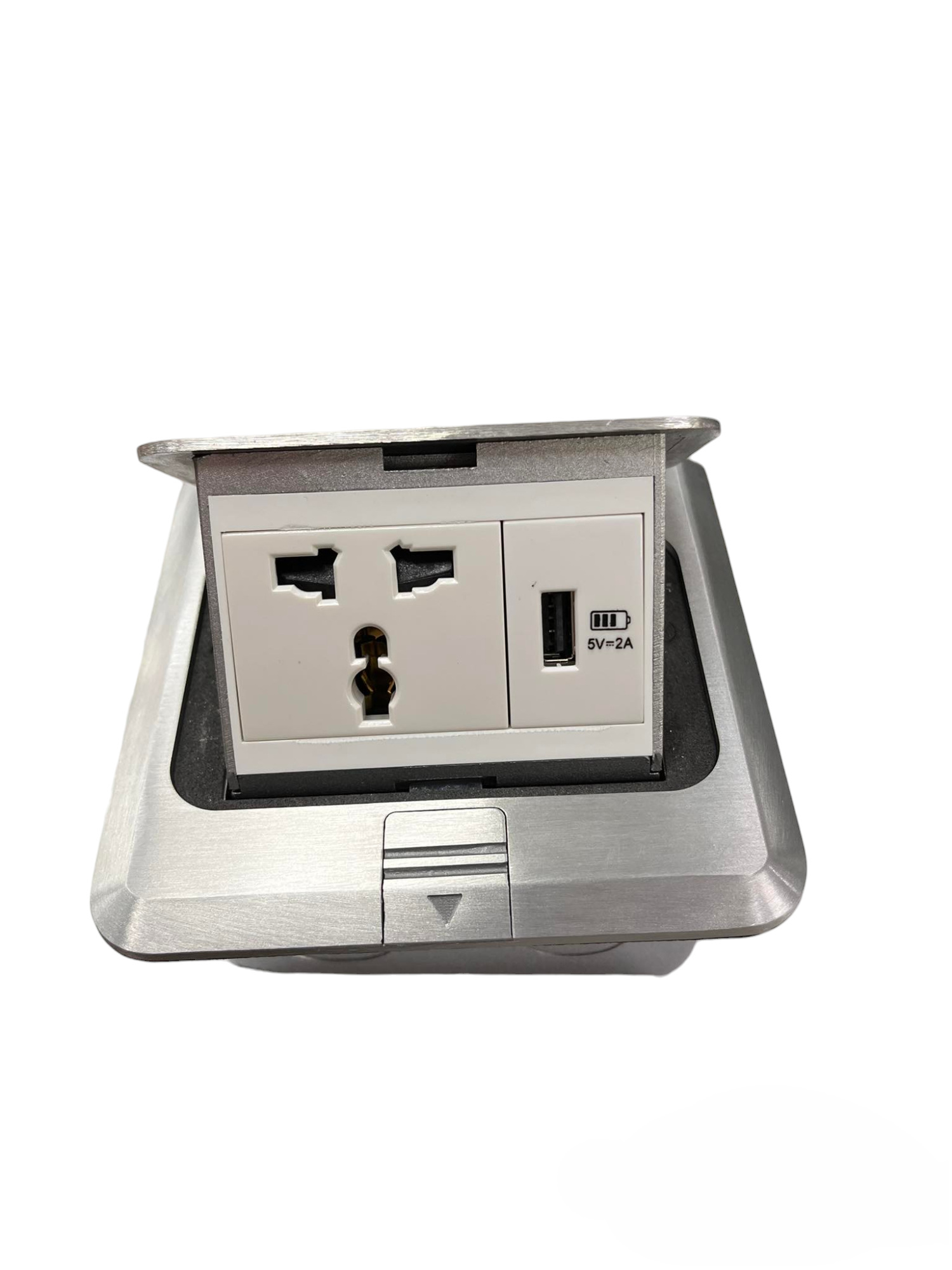 T&J Floor Universal Outlet with USB featuring a universal power socket and USB charging port in a stainless steel floor mount