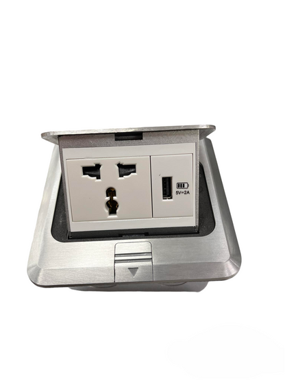 T&J Floor Universal Outlet with USB featuring a universal power socket and USB charging port in a stainless steel floor mount