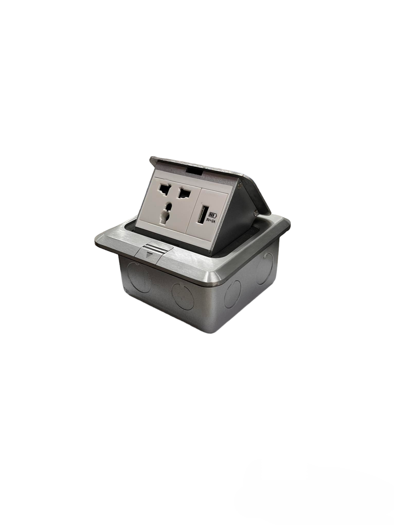 T&J Floor Universal Outlet with USB in silver and black for convenient power and charging