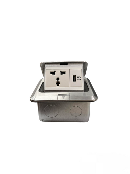 T&J Floor Universal Outlet with USB in silver with multiple plug options and USB port