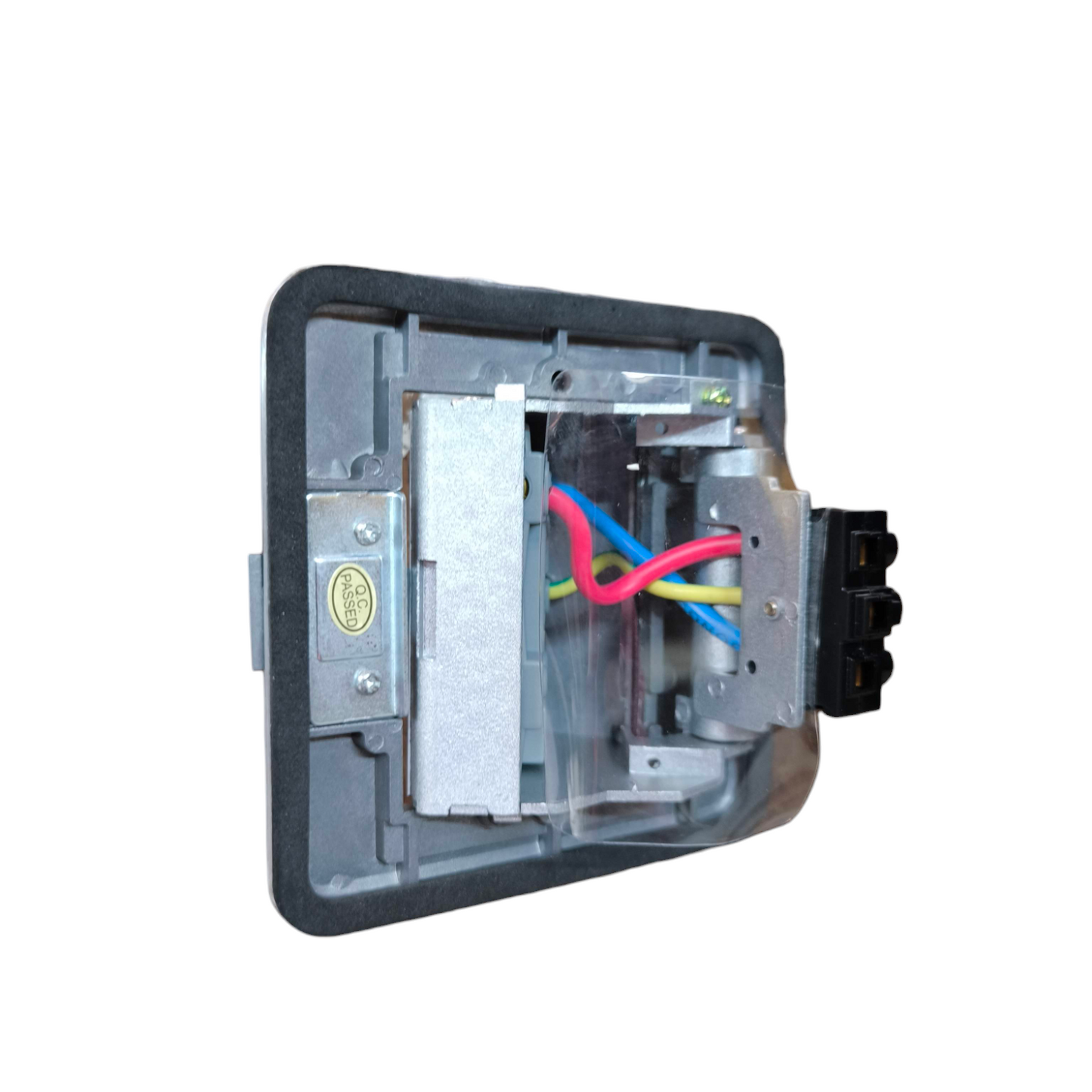 T and J exposed rear of metal 15A 250V floor outlet Duplex with Ground showing wiring and mounting box