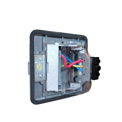 T and J exposed rear of metal 15A 250V floor outlet Duplex with Ground showing wiring and mounting box