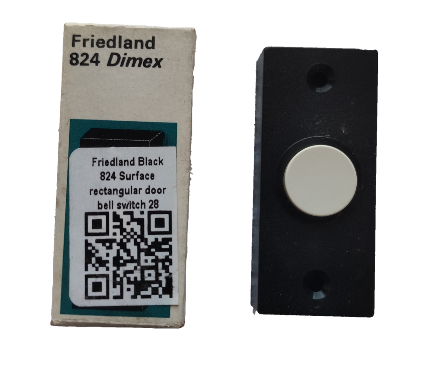 Friedland door bell switch surface type in black with circular button and packaging for easy installation