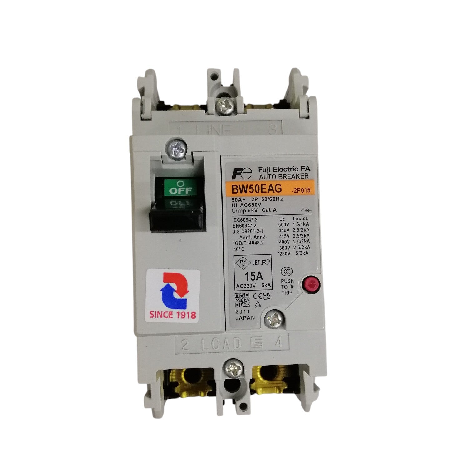 Fuji BW50EAG-CE circuit breaker 15 amp 230V white two pole industrial auto breaker with green OFF switch