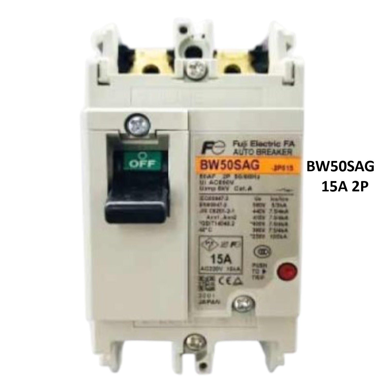 Fuji Electric BW50SAG-CE 15A breaker 10kAIC 230VAC two pole molded case circuit 