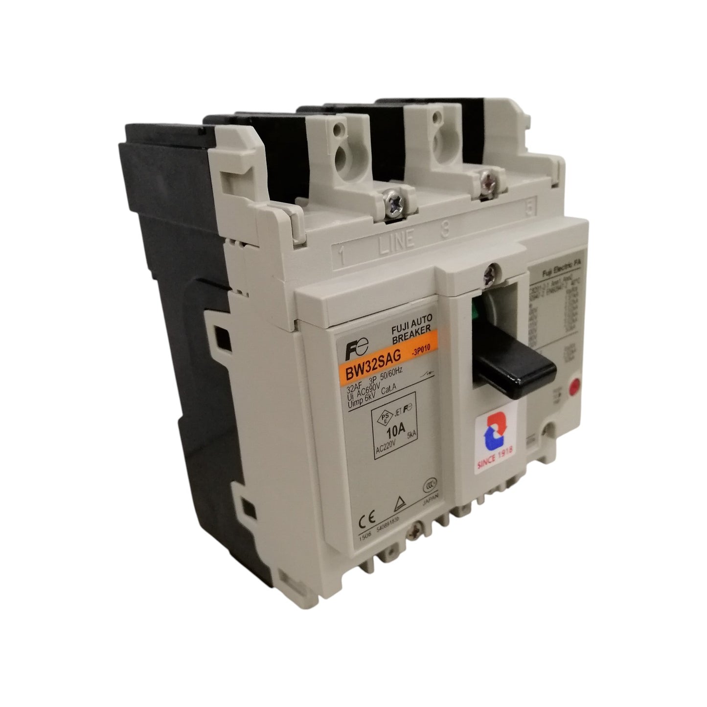 Fuji 10A 3 Pole MCCB circuit breaker. White molded case with black toggle handle for industrial power protection