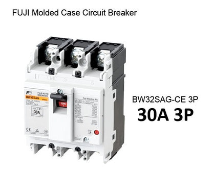 Fuji 3 pole MCCB breaker 30 amp. White Fuji molded case 3 pole circuit breaker with red ON switch