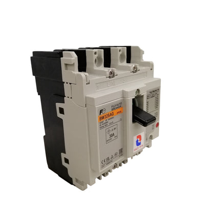 Fuji 3 pole MCCB breaker 30 amp. Molded case 3 pole circuit breaker in white and black with manual switch