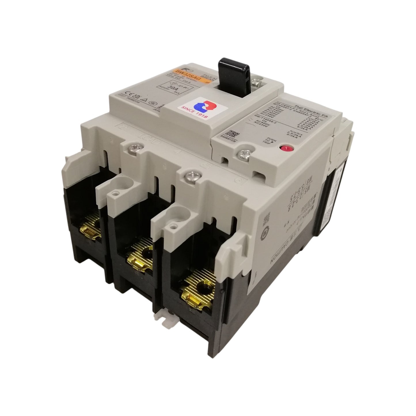 Fuji 3 pole MCCB breaker 30 amp. White molded case circuit breaker with black handle and three copper terminals