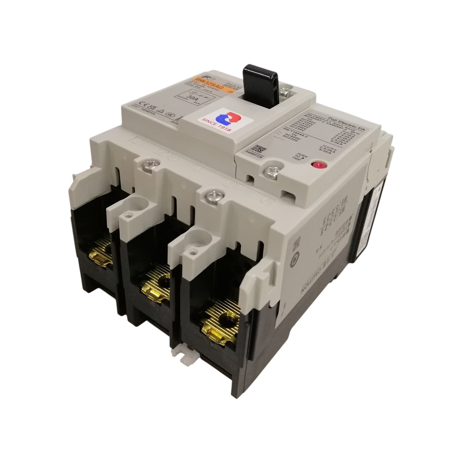 Fuji 3 pole MCCB breaker 30 amp. White molded case circuit breaker with black handle and three copper terminals