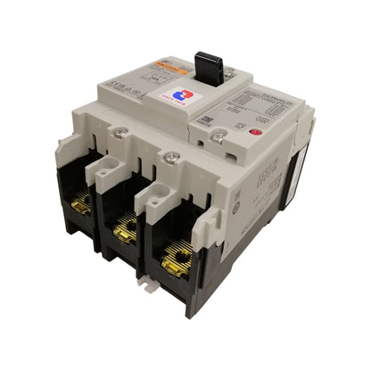 Fuji 3 pole MCCB breaker 30 amp. White molded case circuit breaker with black handle and three copper terminals