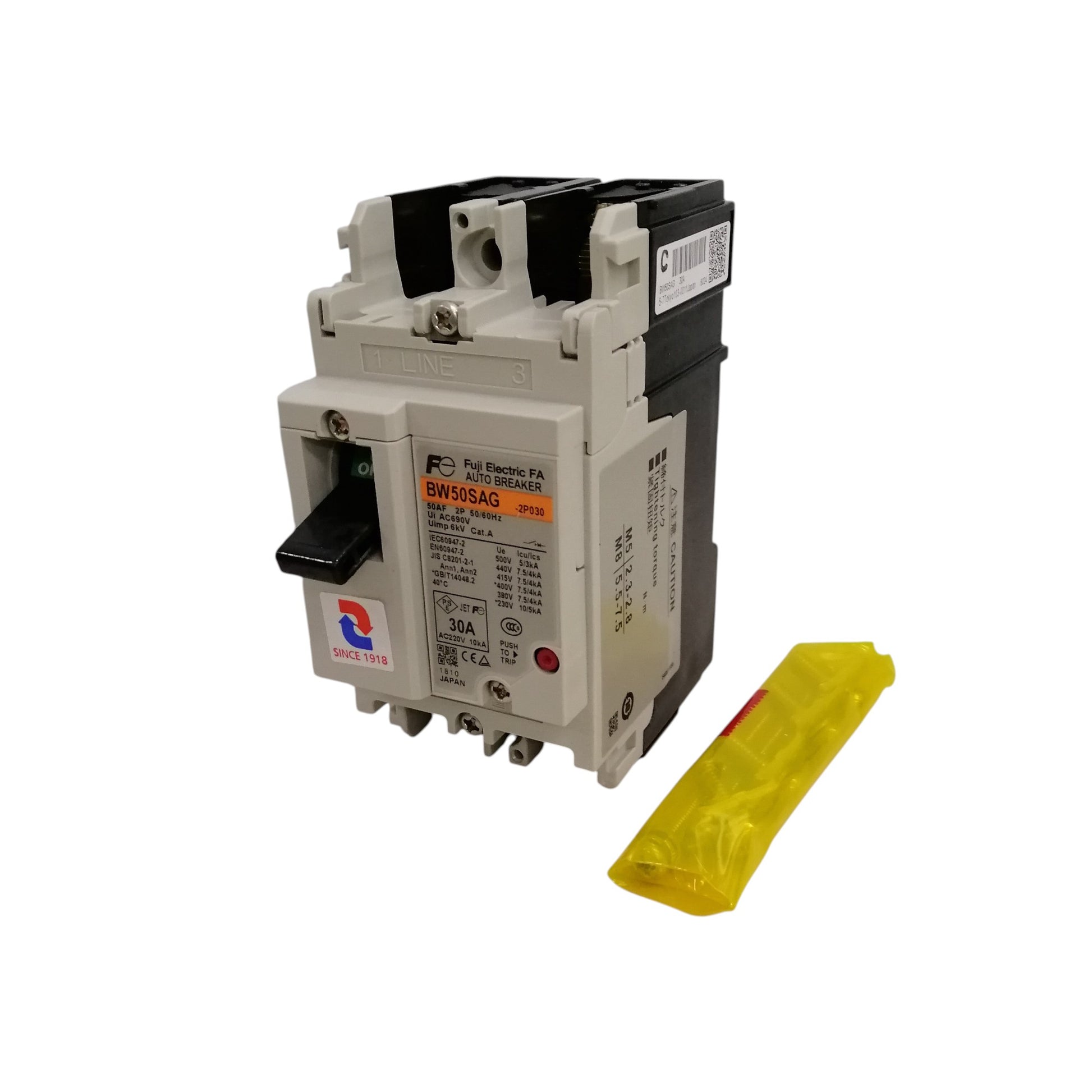 Fuji 30A 2P molded case circuit breaker in white black with toggle and yellow accessory for panel protection