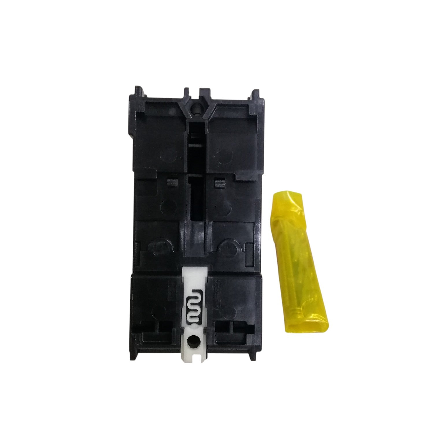 Top view of Fuji 50A molded case circuit breaker. Black molded housing with yellow accessory piece