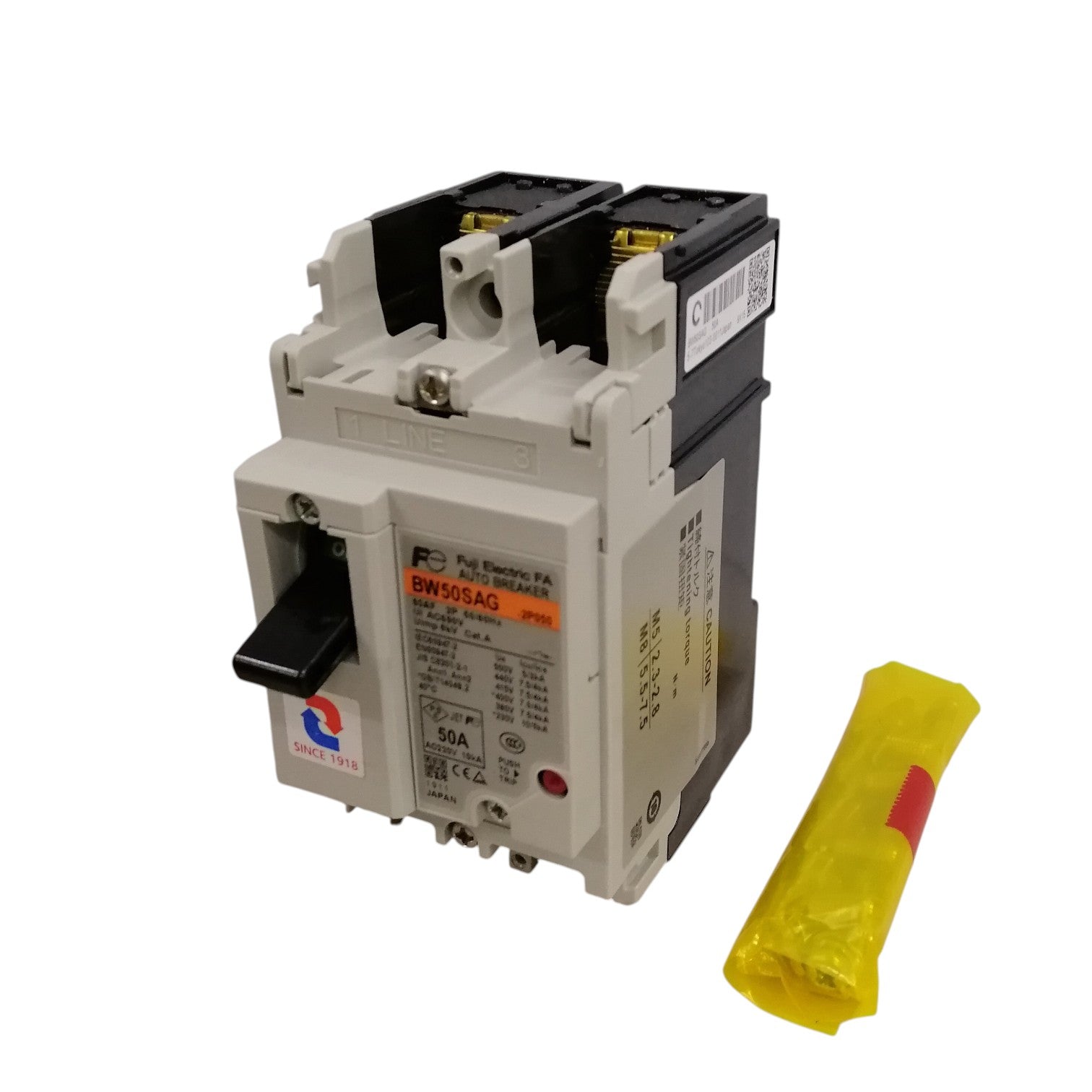 Fuji MCCB 50A circuit breaker molded case industrial breaker with black toggle and yellow accessory pack