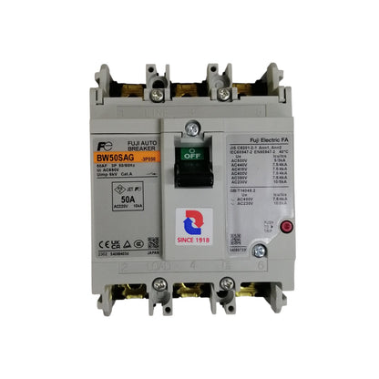 Fuji MCCB 50A circuit breaker molded case three pole industrial breaker with central toggle switch and terminals