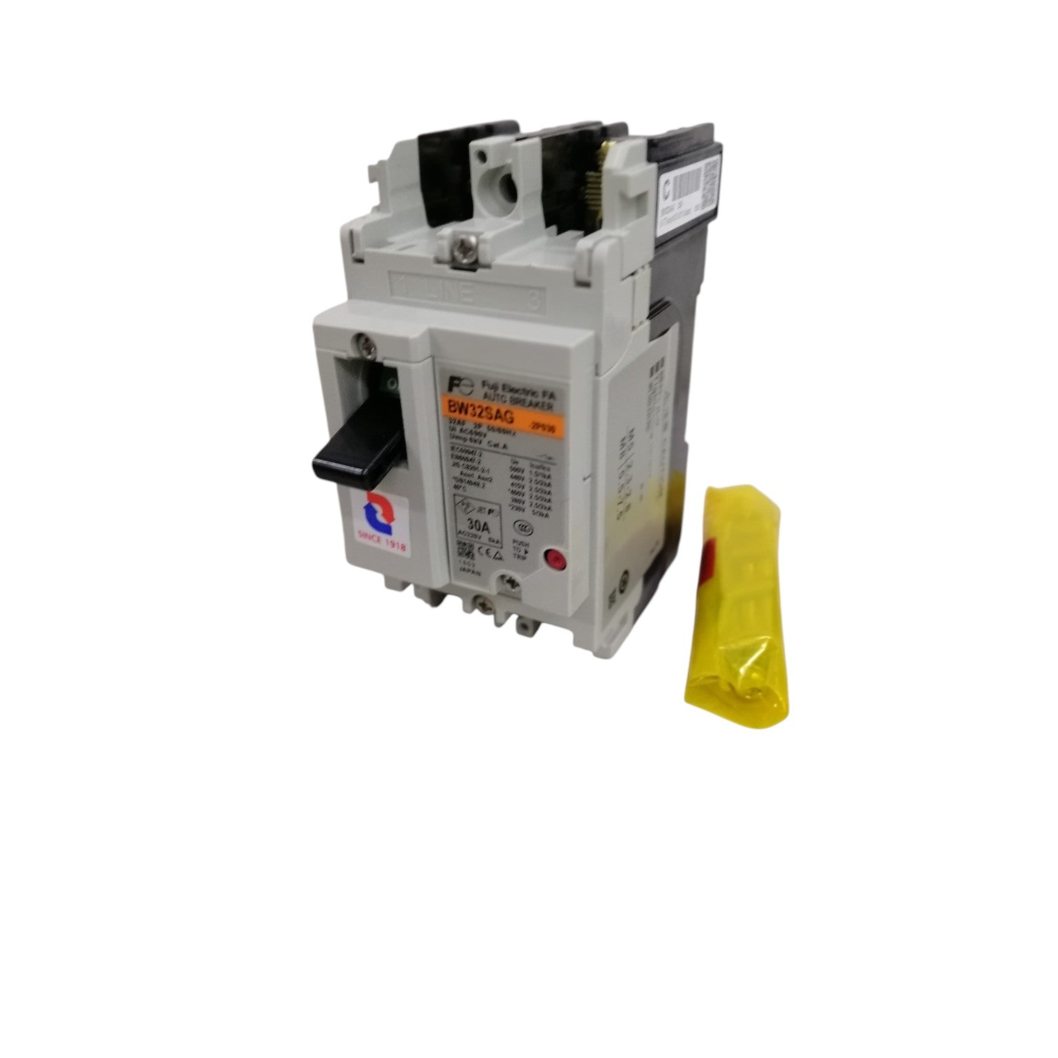 Fuji MCCB BW32SAG-CE 30A 2Pole molded case circuit breaker with black handle and yellow accessory