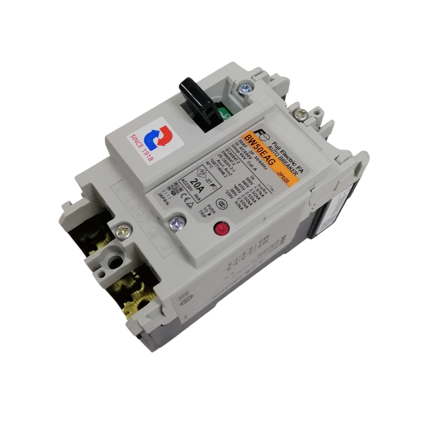 Fuji MCCB BW50EAG-CE 20A circuit breaker. White molded case, toggle switch, and copper terminals