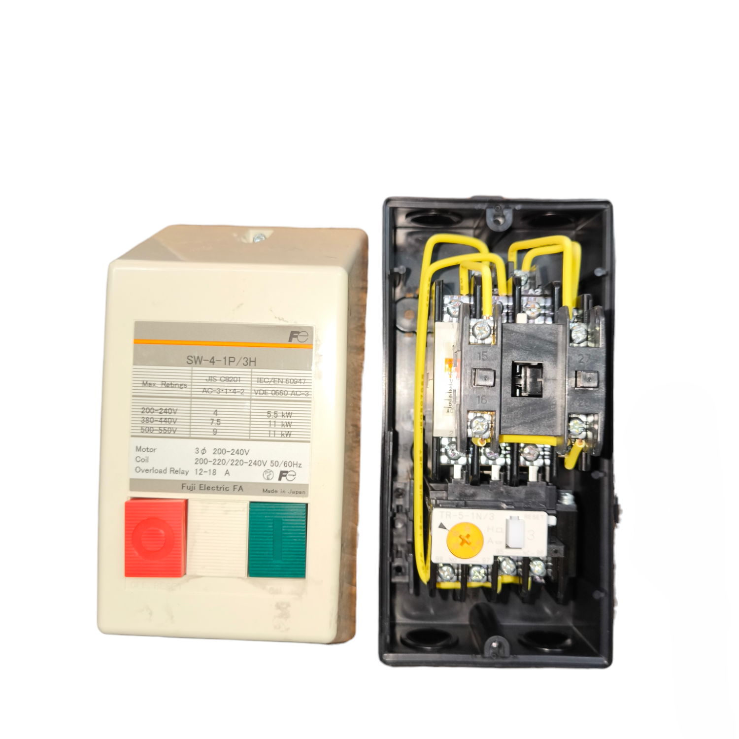Fuji Magnetic Starter 3 Phase 220V electrical circuitry part with control buttons and wiring inside black casing