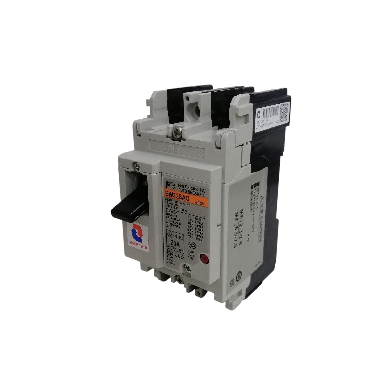 Fuji MCCB BW32SAG-CE 20A 2Pole 5kAIC. Fuji two pole molded case circuit breaker 20A with black handle