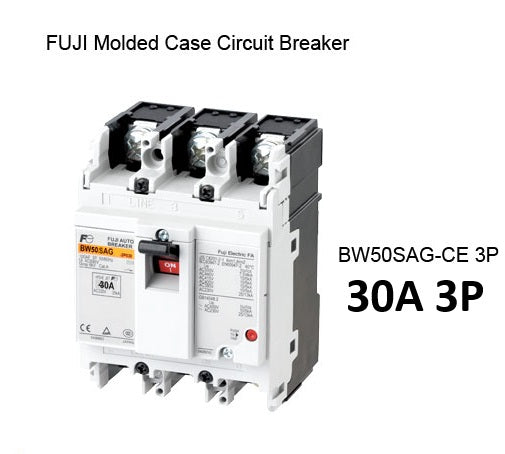 White Fuji three pole molded case circuit breaker showing front controls Fuji MCCB molded case circuit breaker 30A.