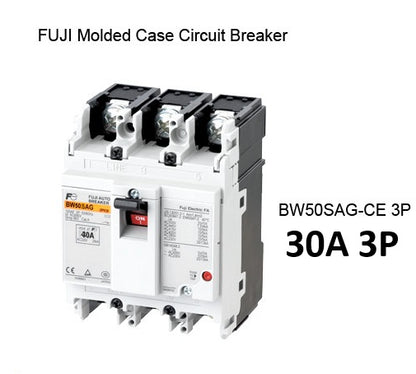 White Fuji three pole molded case circuit breaker showing front controls Fuji MCCB molded case circuit breaker 30A.